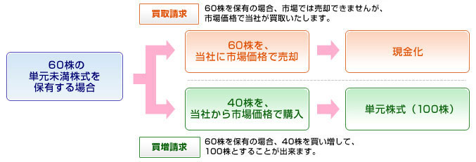 600株の単元未満株式を保有する場合 お手続きの例1：買取請求…60株を保有する場合、市場では売却できませんが、市場価格で当社が買取いたします。お手続きの例2：買増請求…60株保有の場合、40株を買い増して、100株とすることができます。